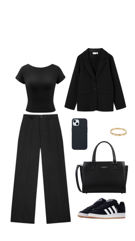 Outfit avec top, pantalon tailleur, blazer, sac cuir, campus noir et bracelet cartier. Outfit Full Black, Outfit Pantalon, Outfit Campus, Bracelet Cartier, Cartier, Ootd, Blazer, Bracelet, Black