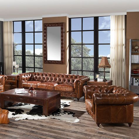 Rustic Tan Leather Chesterfield Sofa Set With Button https://m.alibaba.com/product/60798536592/Rustic-Tan-Leather-Chesterfield-Sofa-Set.html?__sceneInfo={"cacheTime":"1800000","type":"appDetailShare"} Distressed Leather Sofa, Chesterfield Sofa Living Room, Chesterfield Sofa Design, Chesterfield Living Room, Chesterfield Furniture, Leather Couches Living Room, Leather Chesterfield Sofa, Leather Chesterfield, Leather Sofa Set