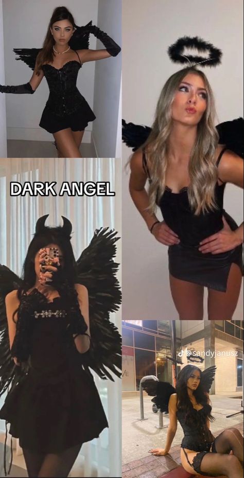 Devil And Fallen Angel Costume, Dark Angles Halloween, Lucifer Halloween Costume, Dark Angel And Devil Costume, Dark Angel Costume Diy, Dirty Blonde Halloween Costume, Fallen Angel Costume Diy, Dark Angels Costume, Bad Angel Costume