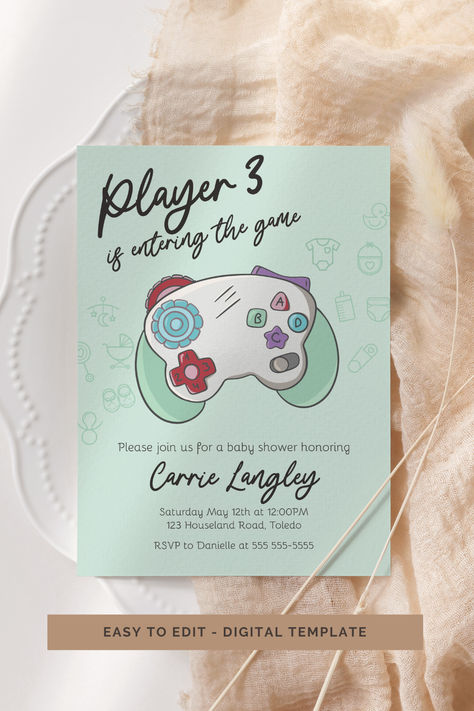 Baby shower welcome sign featuring a video game controller Gender Reveal Ideas Nerdy, Video Game Baby Shower Theme, Gamer Baby Shower Ideas, Gamer Baby, Nerd Baby, Nerdy Baby, Baby Shower Deco, Elegant Baby Shower, Baby Shower Templates