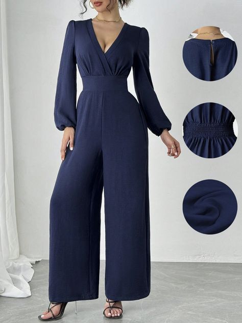 Cross Shirred Solid Color Long Sleeve Casual Jumpsuit Navy Blue Elegant  Long Sleeve Polyester Plain Other Slight Stretch  Women Clothing, size features are:Bust: ,Length: ,Sleeve Length: Jumpsuit Navy Blue, Long Sleeve Jumpsuit, Casual Jumpsuit, Pantalon Cargo, Navy Blue Dresses, Inspiration Mode, Maternity Bag, Long Sleeve Casual, Cortes De Cabello Corto