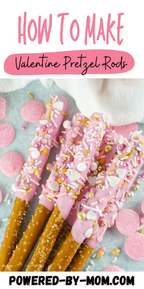 These Valentine Pretzel Rods are a quick, easy & tasty treat put together with or without the kiddos and can be decorated in a variety of ways. Valentine Pretzel Rods, Decorated Pretzel Rods, Vday Snacks, Pretzel Recipes, Valentines 2024, Class Mom, Valentine's Day Chocolate, Salty Treats, Valentine's Ideas