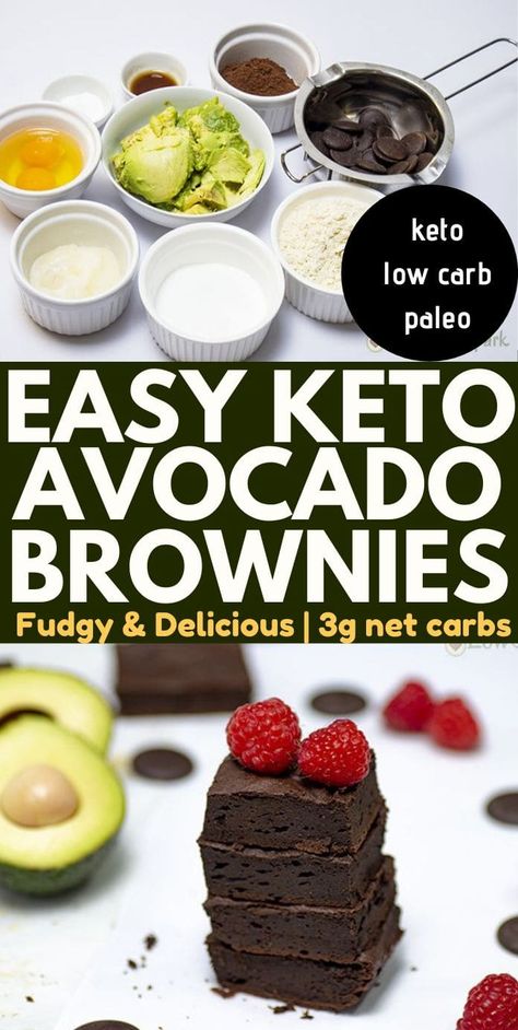 These decadent and fudgy squares are super chocolatey, fudgy, and grain-free. Make low carb avocado brownies with wholesome ingredients that are only 3g net carbs per serving. It takes less than 10 minutes to prep in your food processor, but you can use a mixing bowl as well! #ketobrownies #avocadobrownies #ketodiet #lowcarb #ketorecipes Keto Avocado Brownies, Chocolate Avocado Brownies, Keto Christmas Cookies, Avocado Brownies, Low Carb Brownies, Chocolate Avocado, Healthy Brownies, Keto Brownies, Keto Dessert Easy