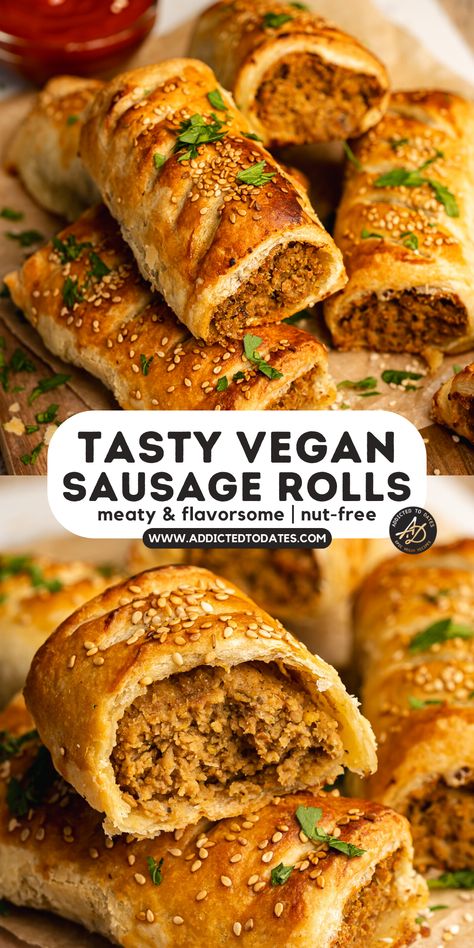 vegan sausage rolls with meaty filling, flaky puff pastry and a sprinkle of fresh herbs on top. Vegan Sausage Rolls Recipe, Recipes With Vegan Sausage, Vegan Savory Pastries, Vegan Puff Pastry Appetizers, Vegan Savory Snacks, Vegan Puff Pastry Recipes, Vegan Pastry Recipes, Chickpea Filling, Sausage Snacks