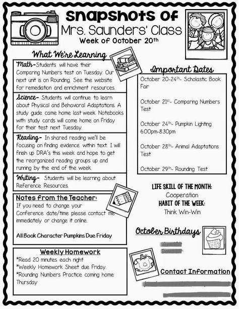 Maybe next year I'll try to put a weekly newsletter out. I just wish prints didn't have a limit and paper/ink didn't cost any money! Maybe if I have a class website, it will fit nicely on there! :) Weekly Updates For Parents, Weekly Newsletter To Parents Preschool, Weekly Parent Newsletter Templates, 2nd Grade Newsletter, Weekly Classroom Newsletter Template Free, Weekly Update Template, 3rd Grade Newsletter, Class Parent Ideas, Preschool Weekly Newsletter