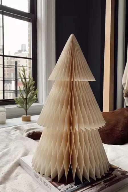 Paper Christmas tree decor, holiday decor🌲, Christmas decor, bedroom decor, living room decor, mantle decor | @prettyinthepines, New York City Lifestyle Blog . . . . #Christmas #holidaydecor Large Christmas Decor, Pretty In The Pines, Paper Trees, Neutral Holiday Decor, Christmas In The City, City Lifestyle, The Pines, Paper Christmas Tree, Paper Tree