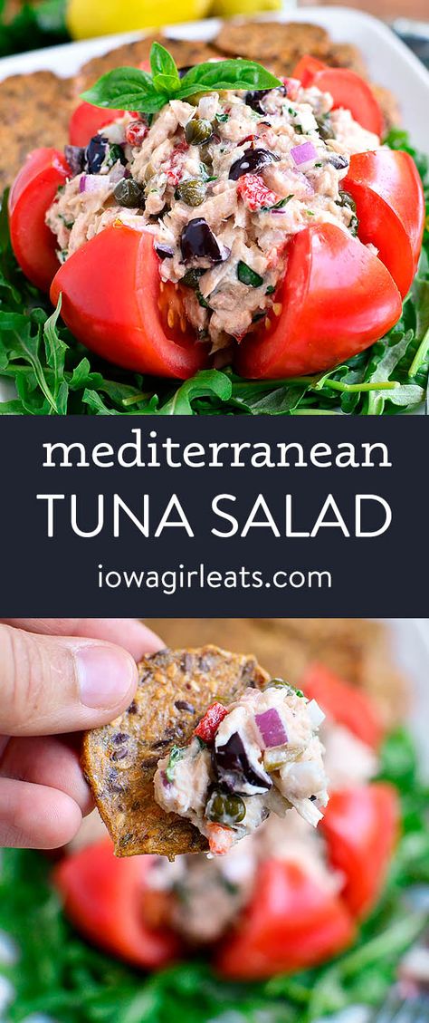 Tuna Salad Stuffed Tomatoes, Mediterranean Tuna Salad Sandwich, Meditrainian Salad, Mediterranean Diet Tuna Salad, Meteranian Salad, Mediterranean Tuna Salad Recipe, Mediterranean Seafood Recipes, Seafood Lunch Ideas, Mediterranean Lunch Ideas