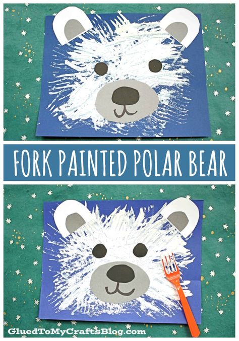 #gluedtomycrafts Fork Painted Polar Bear – Kid Craft Idea For Winter Artic Craft Preschool, Toddler Polar Bear Art, Christmas Art Work For Preschoolers, Easy Winter Crafts For Kindergarten, Winter Art For Kindergarten Kids, Polar Bear Preschool Art, Fork Polar Bear Craft, Prek Winter Art Projects, Arctic Animal Process Art