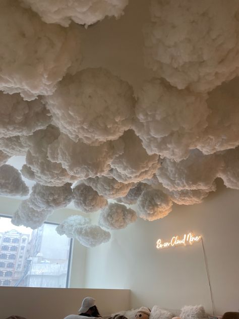 Room With Clouds On Ceiling, Cloud Home Decor, Fake Clouds Diy Ceiling, Hanging Clouds From Ceiling, Cloud Ceiling Decor, Cloud Ceiling Bedroom, Clouds On Ceiling, Clouds Decoration, Cafe Neon Sign