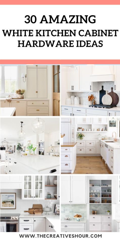 30 Gorgeous White Kitchen Cabinet Hardware Ideas Best Handles For White Kitchen Cabinets, White Kitchen Cabinets With Matte Black Hardware, Boho Kitchen Hardware, How To Choose Kitchen Hardware, What Color Hardware For White Cabinets, Kitchen With White Cabinets Ideas, Antique Brass Kitchen Hardware White Cabinets, White Kitchens With Black Hardware, White Cabinets Light Countertops