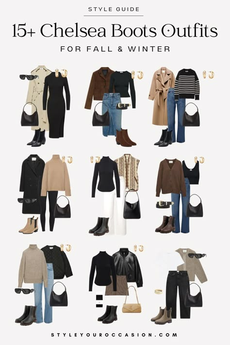 15+ Chic Fall & Winter Chelsea Boot Outfits for Women. Need inspiration for Chelsea boot outfits for women this fall and winter 2024? My curated list of Chelsea boot outfits has a style for every occasion! Discover the latest fall fashion trends and get ideas for how to wear Chelsea boots during the colder months. Whether you're into chunky, black, brown, cream, or heeled Chelsea boots, we’ve got your fall and winter style covered! Winter Boot Work Outfits, Fall Chelsea Boot Outfits 2024, Style Boots Women Fashion, Chelsea Boots Outfit Ideas, What Pants To Wear With Chelsea Boots, Chelsea Boot Winter Outfit, 2024 Fall Boots, 2024 Winter Capsule Wardrobe, Boots 2024 Winter