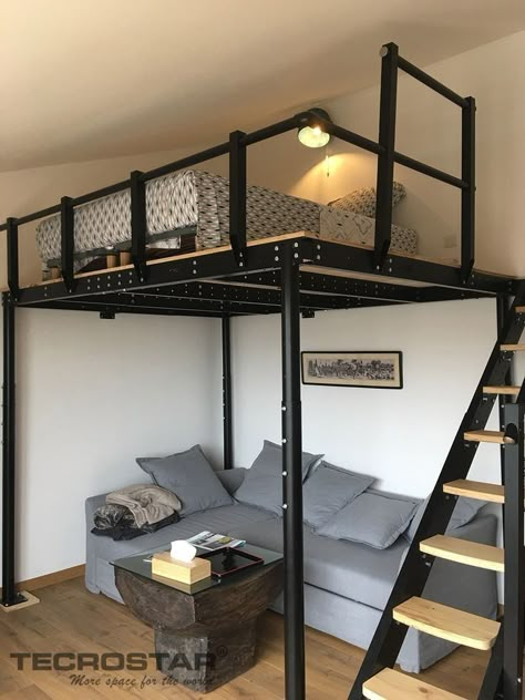 Dark Color Small Bedroom, Loft Bed Wood, Entrepisos Ideas, Loft Bed Ideas For Adults, Design Case Mici, Small Loft Apartments, Loft Beds For Small Rooms, Apartemen Studio, A Loft Bed