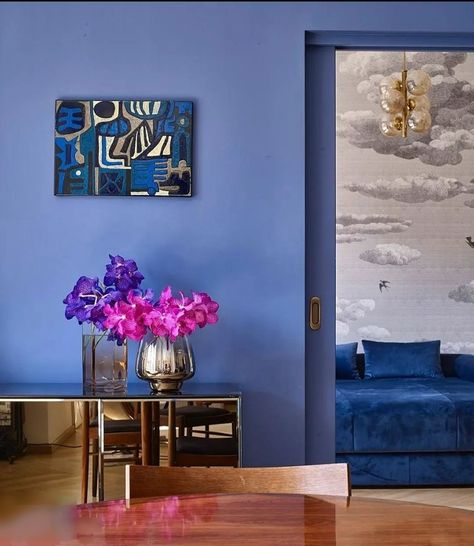 Ballroom Blue Farrow And Ball, Cornflower Blue Interior, Farrow And Ball Pitch Blue, Cornflower Blue Room, Pitch Blue Farrow And Ball, Blue Hallway Ideas, Farrow And Ball Blue, Farrow And Ball Hallway, Colorful Hallway