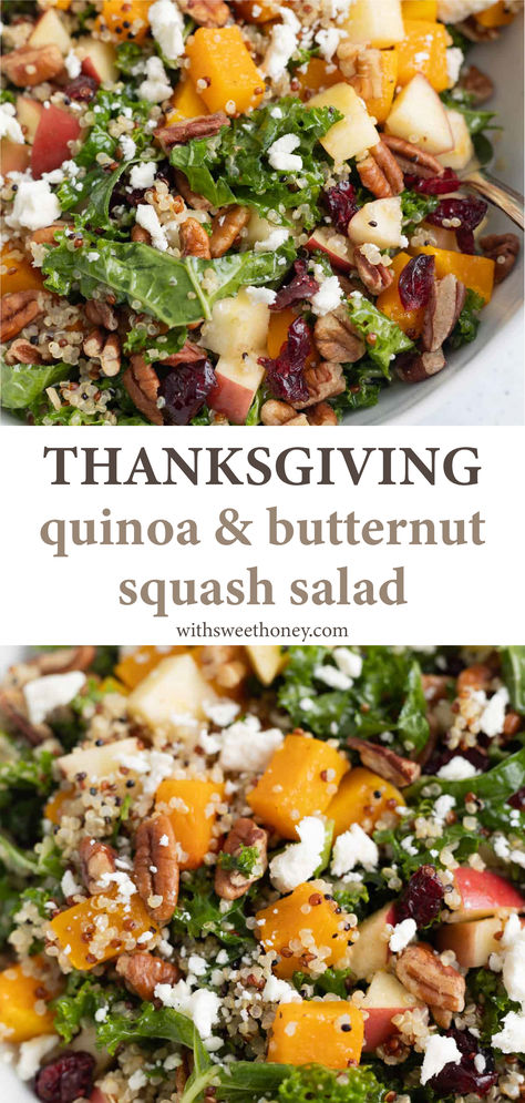 This cozy Butternut Squash and Quinoa Salad will leave you satisfied and feeling great. It makes for an easy side salad at Thanksgiving or holiday gathering. It is also perfect for meal prep and lunch throughout the week. Made with a few simple ingredients that are both easy to prepare and nutritious! This quinoa salad is gluten free and can be easily made dairy free by omitting the feta cheese. #thanksgivingrecipe #thanksgivingsalad #healthysalad #fallsalad Thai Butternut Quinoa Salad, Thai Inspired Roasted Butternut Squash Quinoa Salad, Harvest Salad With Quinoa And Butternut Squash, Arugula Salad With Butternut Squash, Butternut Squash Cranberry Quinoa Salad, Thanksgiving Recipes Gluten And Dairy Free, Butternut Feta Salad, Butternut Quinoa Salad, Nut Free Salad Recipes