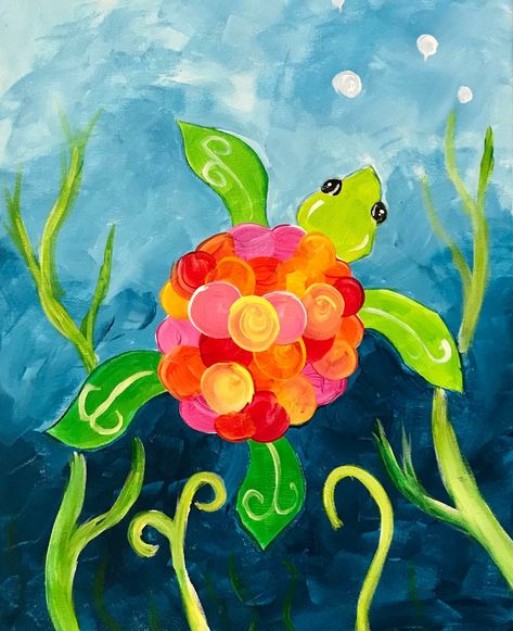 Kids Paint Party Ideas Canvases, Easy Turtle Painting, Underwater Painting Easy, Turtle Art Kids, Kid Painting Ideas, Kids Painting Ideas On Canvas, Paintings For Kids, Art Auction Projects, Painted Window Art