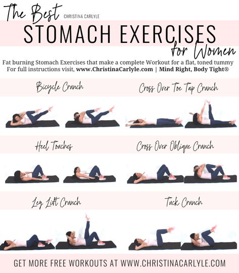 Stomach exercises for a complete ab workout flat toned strong core. https://christinacarlyle.com/stomach-exercises/ #fitness #abs #workout Easy Stomach Exercises, Complete Ab Workout, Stomach Exercises, Crunches Workout, Toned Tummy, Stomach Muscles, Exercises For Women, Strong Core, Ab Workout