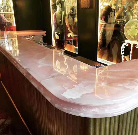 Natural Pink Onyx Bar Pink Onyx Bathroom, Onyx Vanity, Onyx Bathroom, Onyx Kitchen, Onyx Countertops, Onyx Bar, Bar Countertops, Onyx Tile, Luxury Hotels Lobby