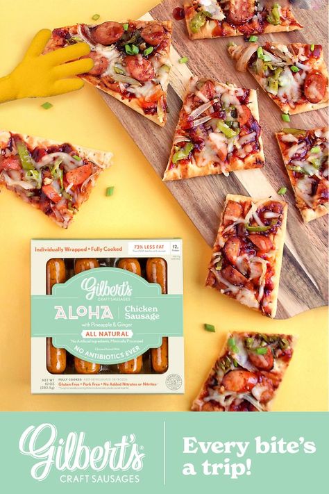 Gilbert's Craft Sausages are a flavor trip for summer grilling. Try a tangy, tropical twist on a grilled flatbread with these Aloha BBQ Chicken Sausage Flatbreads. Bbq Flatbread, Boneless Pork Loin Recipes, Aloha Chicken, Chicken Sausage Recipes, Creamy Garlic Pasta, Bratwurst Recipes, Short Ribs Slow Cooker, Grilled Flatbread, Chicken Apple Sausage