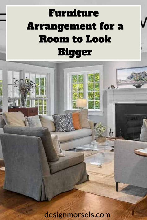 Furniture Arrangement for a Room to Look Bigger Big Furniture Small Living Room, Small Living Room Look Bigger, How To Arrange Furniture, Conversation Seating, Big Couch, Arrange Furniture, Arranging Furniture, Room Look Bigger, Oversized Furniture