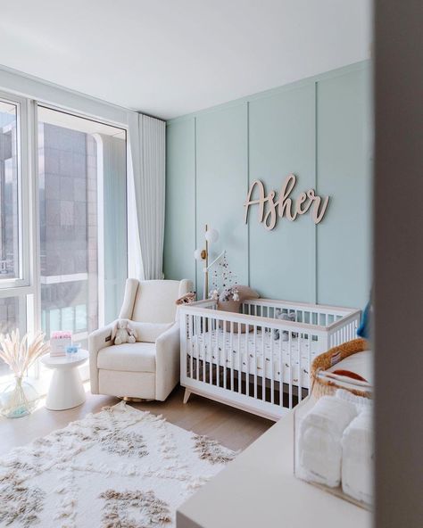 Baby Boy Nursery – Cozy Nursery Baby Blue Accent Wall, Blue Accent Wall Nursery, Blue Baby Girl Nursery, Accent Wall Nursery, Rattan Accessories, Blue Accent Wall, Nursery Makeover, Nursery Accent Wall, Room Boy