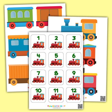 Math game Number Train is meant to develop counting up to 20 by children at preschool age. The task is to make the train from the wagons according to the given number. Print free learning activity sheets and cut out all the game elements. Pages with wagons need to be printed in several copies. Then take a card with a number and ask your child to build the train with as many wagons as the taken number. Finally, wagons are to be counted aloud. Educational Math Games, Printable Math Games, Toddler Math, Preschool Math Games, Activity For Preschoolers, Kids Printables, Math Operations, Game Based Learning, Fun Math Activities