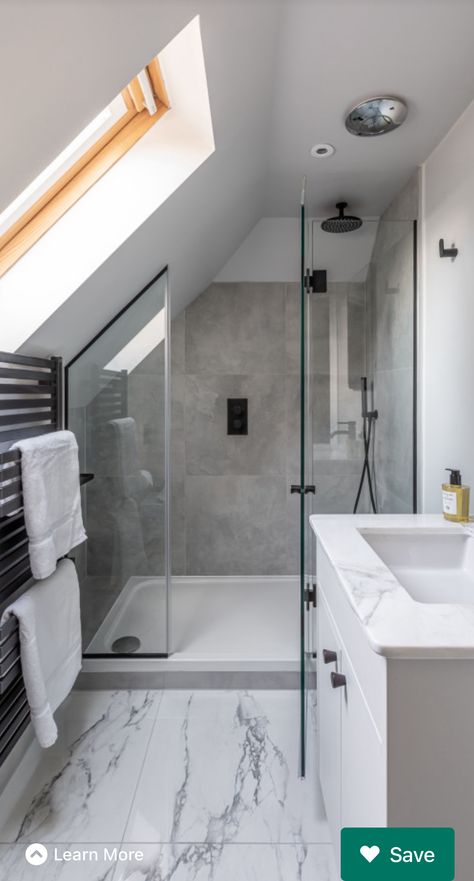 Ensuite Bathroom Ideas Attic, En Suite Attic Bathroom, Attic Wet Room Slanted Ceiling, Bathroom In Eaves Small Spaces, Attic En Suite, Sloped Roof Bedroom Master Suite, Bathroom Slanted Roof, Bathrooms With Pitched Ceilings, En Suite In Eaves