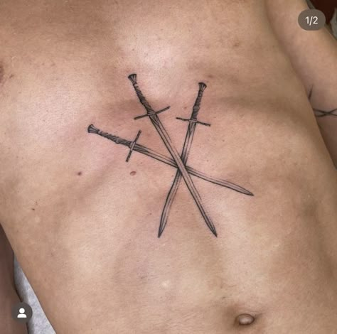 Sternum Tattoos Men, Three Of Swords Tattoo Traditional, 3 Swords Tattoo, Three Swords Tattoo Design, Three Swords Tattoo, Sternum Tattoo Men, Sternum Tats, Whale Tattoo Ideas, Mary Tattoos