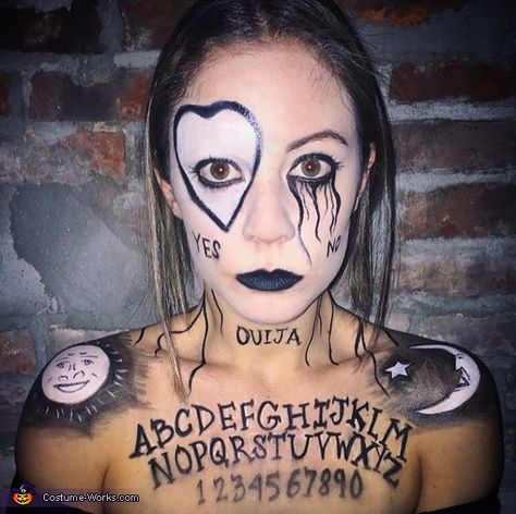 Ouija Board Costume Ouija Board Costume, White Halloween Makeup, Exotic Makeup, Black Off The Shoulder Dress, Creepy Halloween Costumes, Halloween Costumes 2016, Creepy Halloween Makeup, Theatre Makeup, Light Foundation