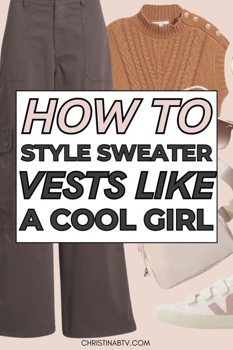 Discover How to Style a Women's Vest with these fashionable outfit ideas that are perfect for any occasion. This Women's Fashion guide provides tips for pairing vests with different pieces, helping you create chic and polished looks. Find out how to make the most of this versatile wardrobe staple. Styling An Oversized Sweater Vest, Styling A Sweater Vest Women, What To Wear With Sweater Vest, Vest And Turtle Neck Outfit, Fall Vests For Women, Burgundy Sweater Vest Outfit, How To Wear Vests Outfits, Sleeveless Pullover Outfit, How To Style Sleeveless Sweater