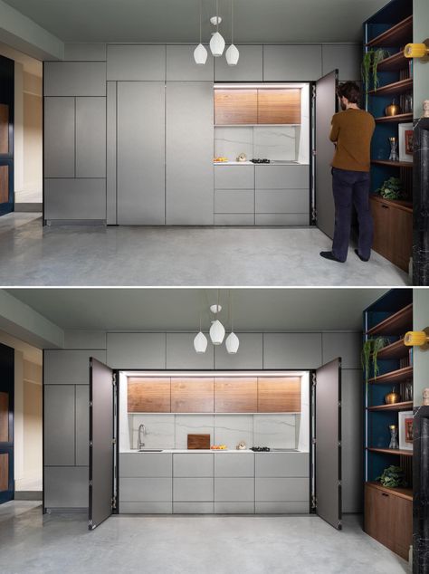 Hidden Kitchen Cabinets, Minimalist Cabinets, Hide Appliances, Kitchenette Ideas, Apartment Remodel, One Wall Kitchen, Decor Kitchen Ideas, Minimalist Cabinet, Hidden Kitchen