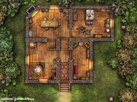 Forest Cottage Battle Map (w/ Feywild variant) Released on Patreon! https://www.patreon.com/posts/forest-cottage-73976968 #D20 #DnD #Dungeonsanddragons #Battlemap #Pathfinder #tabletop #tabletopgaming #Roll20 #fantasygrounds #forest #cottage #forestcottage #fey #magic #rpg #dungeon #5e #Patreon #dnd5e #dndart #encounter Forest Map, Fantasy City Map, Dragons 5e, Dnd World Map, Building Map, Forest Cottage, Battle Map, Fantasy World Map, Dungeon Master's Guide