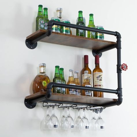 AmazonSmile: BOTAOYIYI Wine Rack Wall Mounted 2 Tier, Hanging Floating Small Mini Bar Liquor Shelves with Glass Holder Storage Under, Industrial Rustic Pipe Farmhouse Kitchen Decor Black(23.6x10.6x19.7) : Home & Kitchen Whisky Regal, Liquor Shelves, Wine Bottle Glass Holder, Farmhouse Style Kitchen Decor, Liquor Shelf, Bar Shelves, Wine Rack Storage, Wall Mounted Wine Rack, Wine Shelves