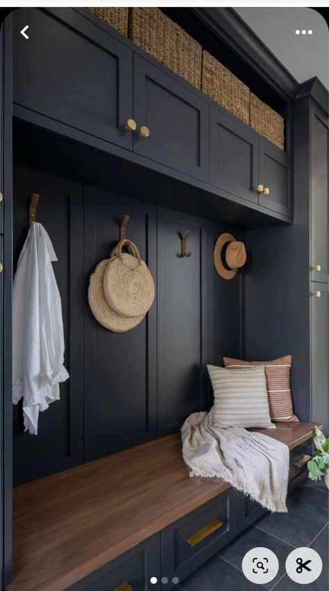 Black Mud Room Cubbies, Black Mudroom Ideas, Mudroom Seating And Storage, Deep Mudroom Bench, Storage Bench In Mudroom, Dark Mudroom Floor, Mudroom Dark Floor, Tile Flooring Laundry Room, Black Floor Mudroom