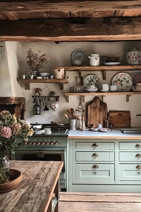 Transform your kitchen with French country style using rustic touches and vintage charm. #FrenchCountry #KitchenInspo #RusticDecor French Old Kitchen, Old World French Kitchen, Unfitted Kitchen French Old Farmhouses, Vintage French Country Kitchen, Vintage Rustic Aesthetic, Cozy French Kitchen, Cottage Kitchens Small French Country, Farmhouse Vintage Decor, Unfitted Kitchen French