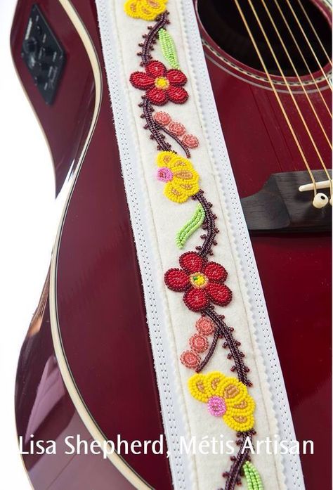 Guitar strap Beaded Guitar Strap, Beaded Guitar, Metis Beadwork, Floral Beadwork, Music Institute, Red And Yellow Flowers, Moccasin Pattern, Online Guitar Lessons, Beaded Flowers Patterns