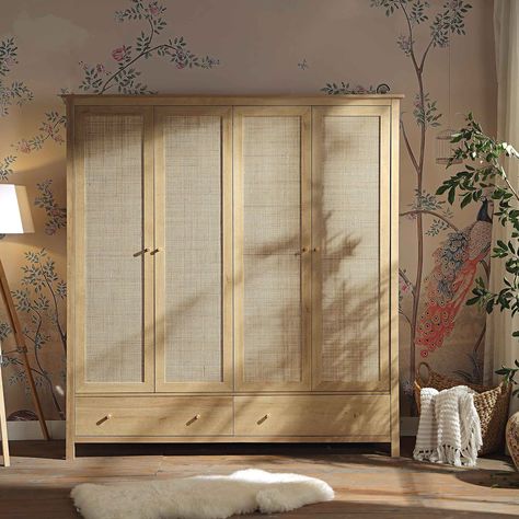 DESCRIPTIONS Crafted from natural rattan and wood, our Frances 4-door wardrobe boasts beautiful bohemian style with plenty of storage space. Four wardrobe doors opens up to 4 metal hanging rails and two wide bottom drawers. Hand woven natural rattan inserts on the wardrobe doors coordinate with solid wood door handles. Size: W 172.8 x D 55 x H 185 cm. Flat packed. Self assembly required. DETAILS & DIMENSIONS Assembly Required: Yes, assembly required, anti-tipping kit included. *Avoid power tools Bohemian Wardrobe Furniture, Wood Door Handles, Rattan Wardrobe, Wardrobe Wood, Luxurious Salon, Wardrobe Diy, Wood Door Handle, Bohemian Wardrobe, Solid Wood Door