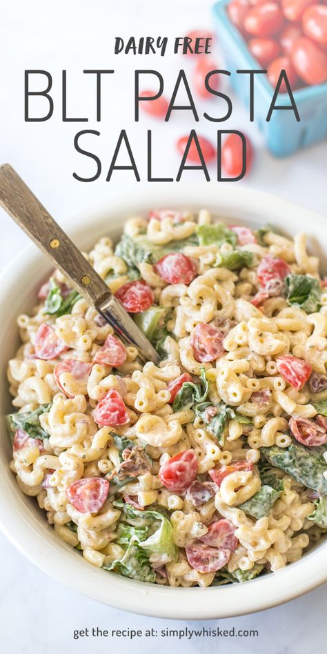 Dairy Free BLT Pasta Salad | Summer side dish recipes, dairy free salad recipes, potluck recipes, pasta salad recipes, barbecue side dishes | @simplywhisked Dairy Free Blt Pasta Salad, Pasta Salad Non Dairy, Pasta Salad Recipes Dairy Free, Salad Recipes Dairy Free, Dairy Free Salad Recipes, Dairy Free Pasta Salad, Composed Salads, Dairy Free Salad, Pasta Salad Summer