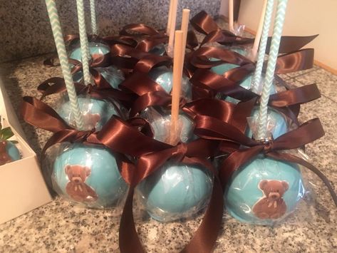 Teddy Bear themed Candy Apples Teddy Bear Candy Apples, Bear Candy Apples, Teddy Bear Baby Shower Theme, Custom Treats, Bakery Cupcakes, Bear Baby Shower Theme, Love Stick, Chocolate Apples, Teddy Bear Theme