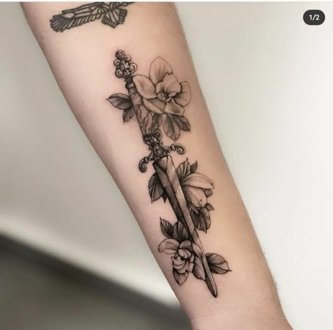 Celtic Dagger Tattoo, Knife Tattoo Women, Knife And Flower Tattoo, Fantasy Dagger Tattoo, Forearm Dagger Tattoo, Dagger Tattoo For Men, Dagger And Flower Tattoo, Dagger Thigh Tattoo, Thigh Dagger Tattoo