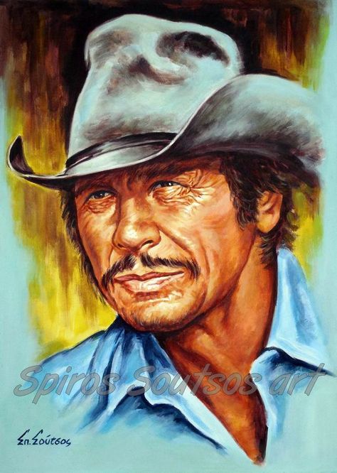 Charles Bronson painting portrait 50x70cm acrylics on canvas painted by Spiros Soutsos Charles Bronson Art, Cowboy Pictures, Western Artwork, Charles Bronson, Western Paintings, Celebrity Caricatures, Western Movie, Celebrity Drawings, Cowboy Art