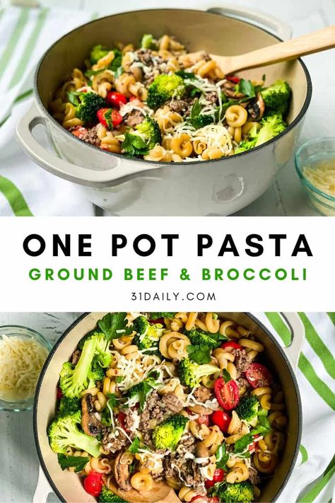 This easy One Pot Pasta with Ground Beef and Broccoli is for those nights when dinner needs to be quick and easy. As in, almost hands-free. And family-friendly too. I love making this simple all in one pasta dish that is super customizable, is and manages to be light and flavorful without the addition of a red sauce or any cream! Ground Beef Pasta With Veggies, Pasta And Ground Beef Recipes Healthy, Ground Beef Veggie Pasta Recipes, Beef Pasta Healthy, Pasta With Ground Beef And Vegetables, 1 Pot Pasta Meals, Ground Beef Broccoli Pasta, Ground Beef Pasta Recipes Healthy, One Pot Pasta Ground Beef