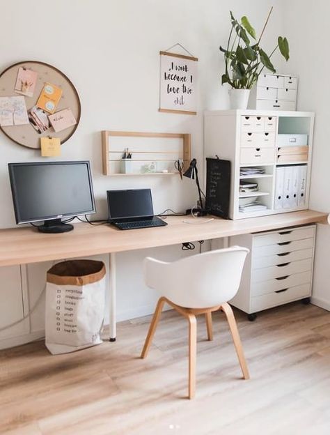 Ikea Small Office, Cheap Ikea Desk, Ikea Workspace, Ikea Office Hack, Ikea Alex Desk, Chic Office Chair, Ikea Home Office, Office Hacks, Desk Hacks