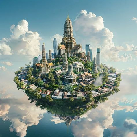 The image shows a fantasy floating city. The city is made up of a mix of different architectural styles, including Thai, Chinese, and European ->> more details in ai-img-gen.com Fantasy Floating City, Lush Green Forest, Floating City, Architectural Styles, House Illustration, Floating House, Architecture Fashion, Lush Green, Creating Art