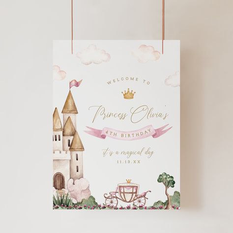 Princess Party Signs, Magical Princess Birthday Party, Castle Birthday Theme, Fairy Tale Party, Princess Themed Birthday Party, Castle Birthday Party, Christening Themes, Watercolor Castle, Princess Banner