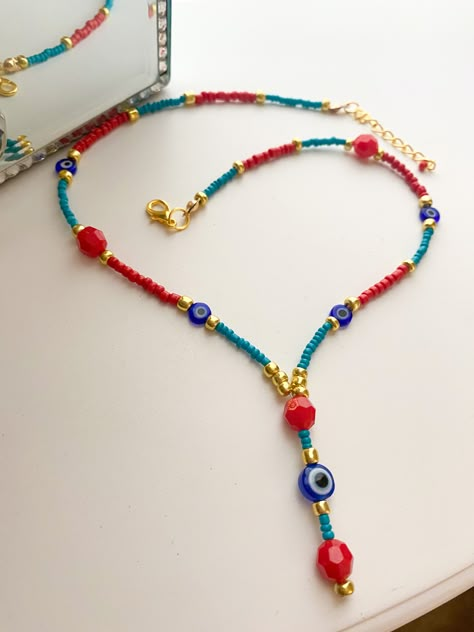 Spiritual Necklaces, Evil Eye Beaded Necklace, Whimsical Multicolor Charm Necklaces With Lobster Clasp, Red Bohemian Beaded Necklace With Lobster Clasp, Ladybug Beaded Necklace, Spiritual Necklace, Miyuki Bracelet, Beaded Necklace Designs, Knit Style