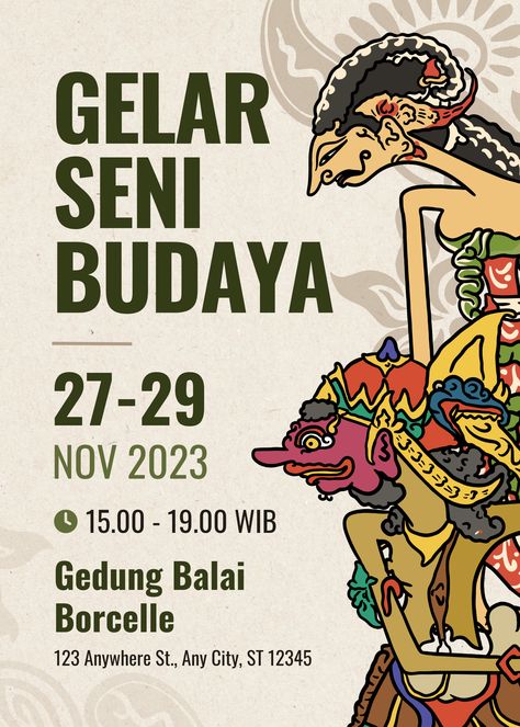 Desain poster untuk peringatan pangelaran seni budaya tradisi Indonesia. Kalian bisa menggunakannya secara bebas dan bisa mengeditnya dengan canva website. Pentas Seni, Desain Buklet, Canva Website, Deep Art, Poster Template, Poster Design, Typography, Mural, Festival