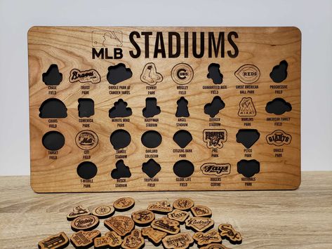 Baseball Stadium Bucket List, Mlb Stadium Map Bucket Lists, Baseball Laser Projects, Baseball Display Ideas, Baseball Memorabilia Display, Bucket List Board, Baseball Stadium Map, Boys Presents, Mlb Stadium