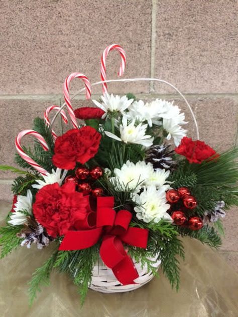 Candy Cane Lane, White Basket, White Chrysanthemum, Red Carnation, White Baskets, Christmas Floral, Douglas Fir, Candy Canes, All Flowers