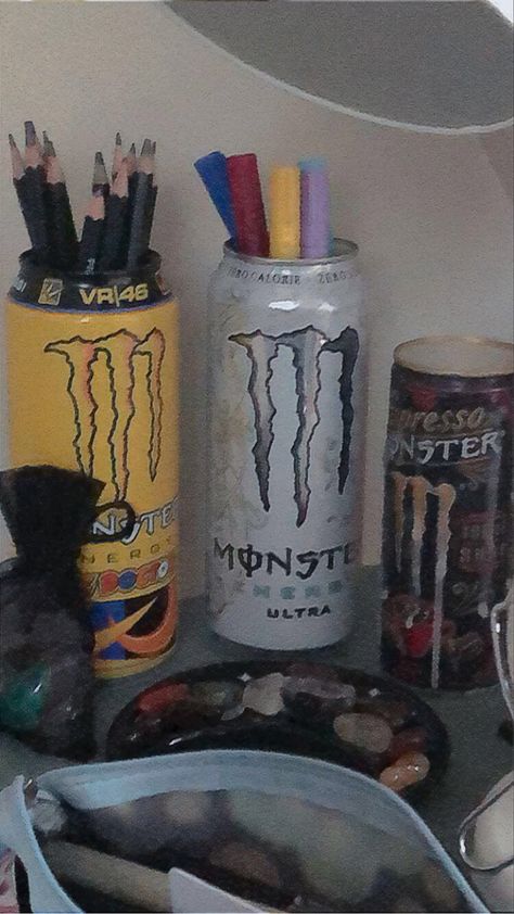 Monster Can Diy Ideas, Monster Can Decorations, Monster Can Ideas For Room, Monster Cans Room Decor, Monster Energy Drink Can Crafts, What To Do With Monster Cans, Monster Drink Diy, Monster Cans Crafts, Things To Do With Monster Cans