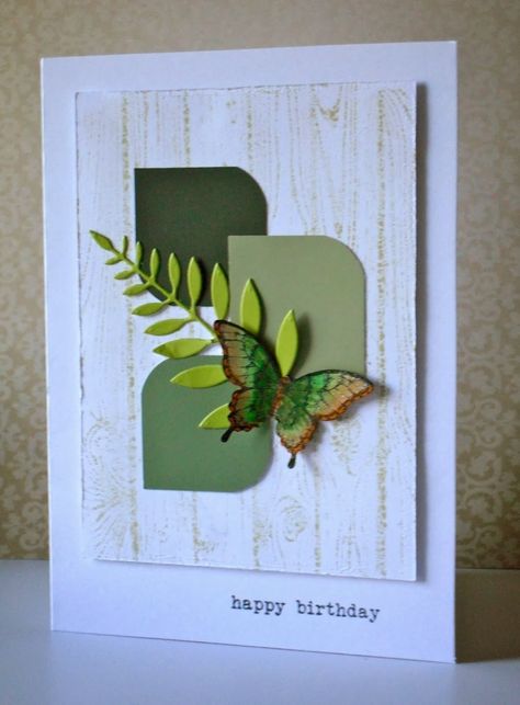 handmade card ... white woodgrain panel ... montage of three rounded corner squares in greens, die cut fern leaf and die cut butterfly ... luv it!! Butterfly Cards, Stamping Up Cards, Fall Cards, Card Layout, Card Sketches, Creative Cards, Sympathy Cards, A Butterfly, Simple Cards